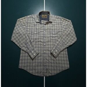 Vintage Wrangler Pearl Snap Shirt Men Large Blue Gray Plaid Cowboy Western Rodeo